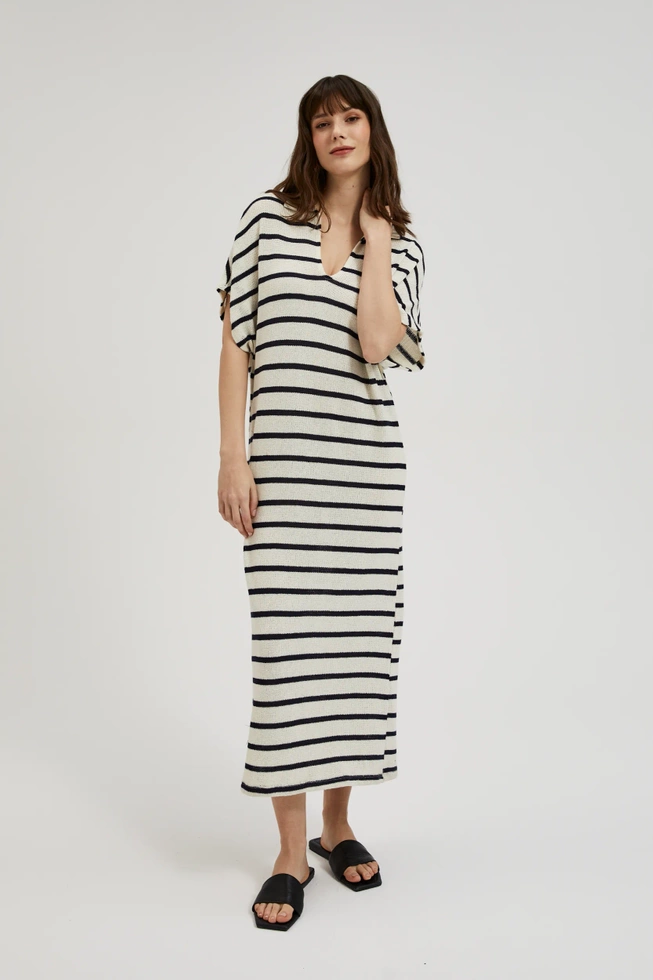 Sukienka z dekoltem w serek w paski beżowa