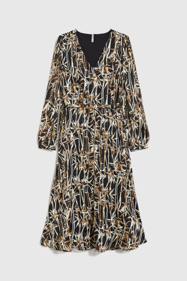 Sukienka w roślinny wzór z paskiem czarna