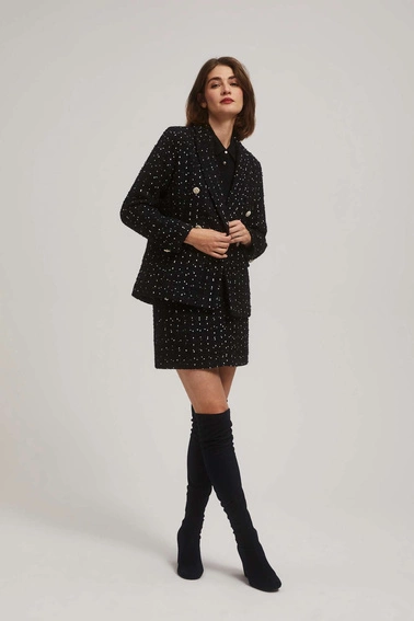 Spódnica w tweedowym stylu z ozdobnymi guzikami czarna