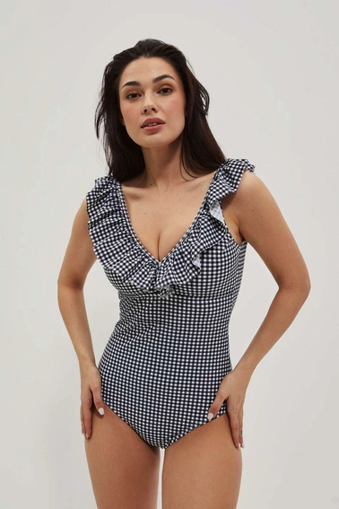 Jednoczęściowy strój kąpielowy z falbaną na dekolcie czarny