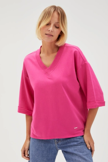 Bluza oversize z dekoltem w serek fuksjowa 