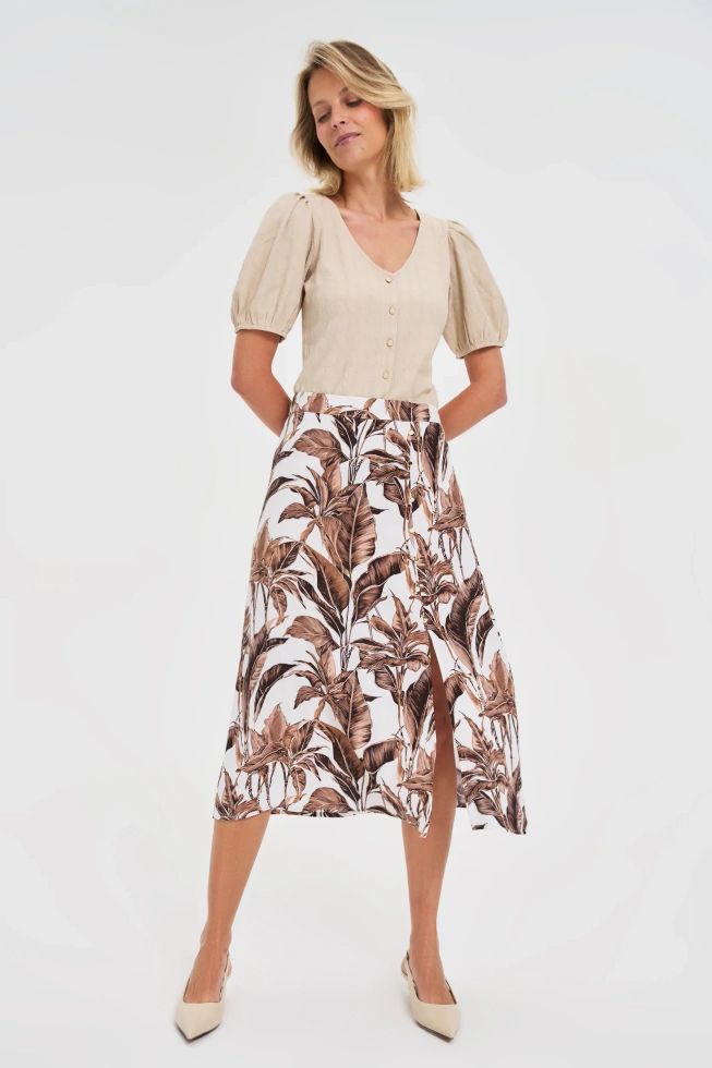 Spódnica midi w roślinny print brązowa
