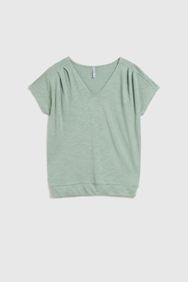 Bluzka oliwkowa z dekoltem w serek i krótkimi rękawami oliwkowa