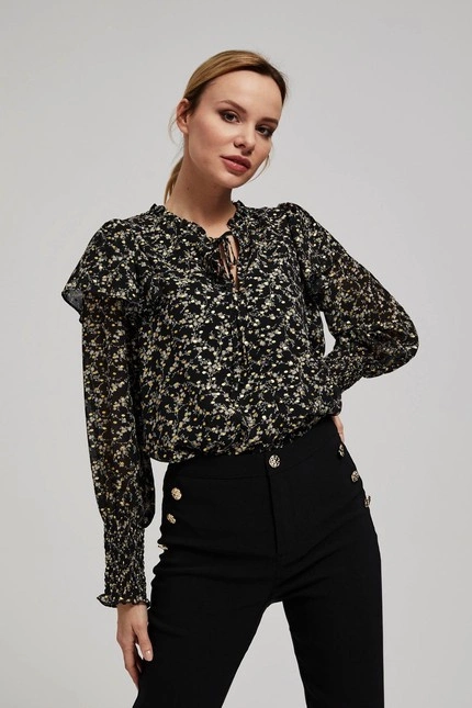 Wzorzysta koszula z wiązaniem na dekolcie czarna