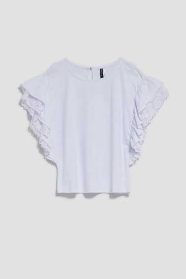 Bluzka z koronką i falbaną na krótkich rękawach biała