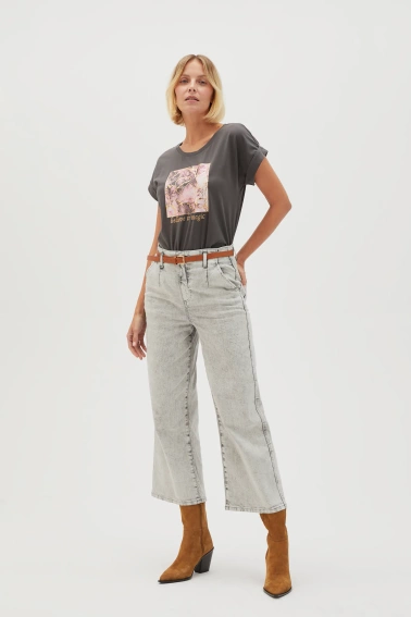 Bawełniana bluzka z nadrukiem i napisem szara