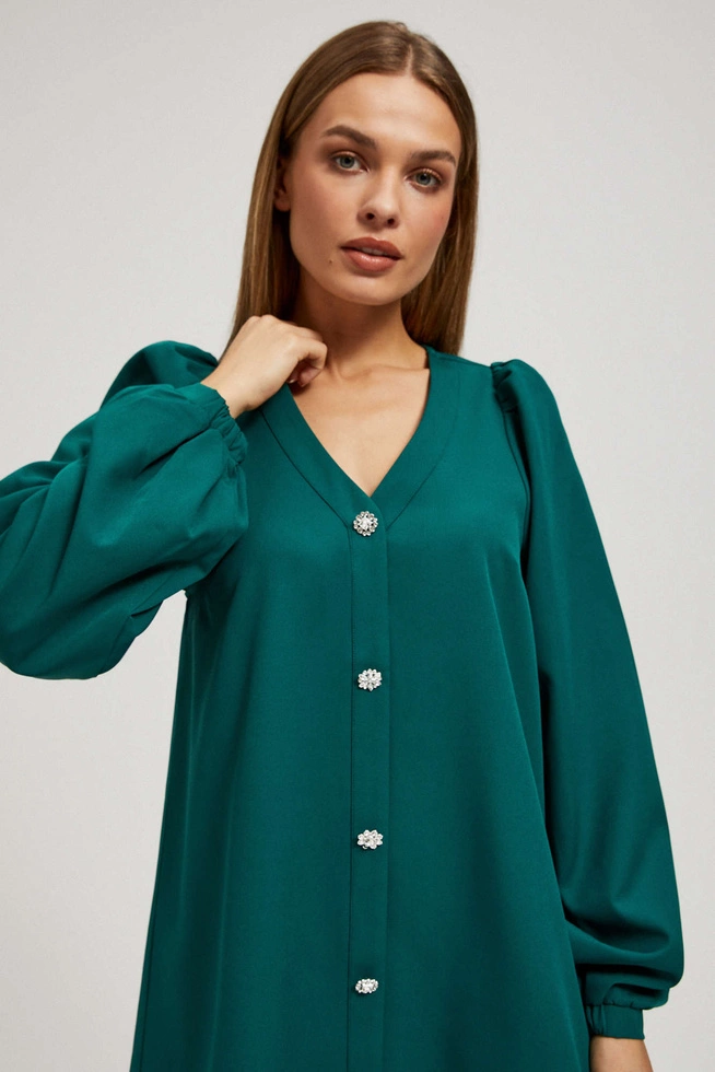 Sukienka z bufiastymi rękawami i ozdobnymi guzikami szmaragdowa
