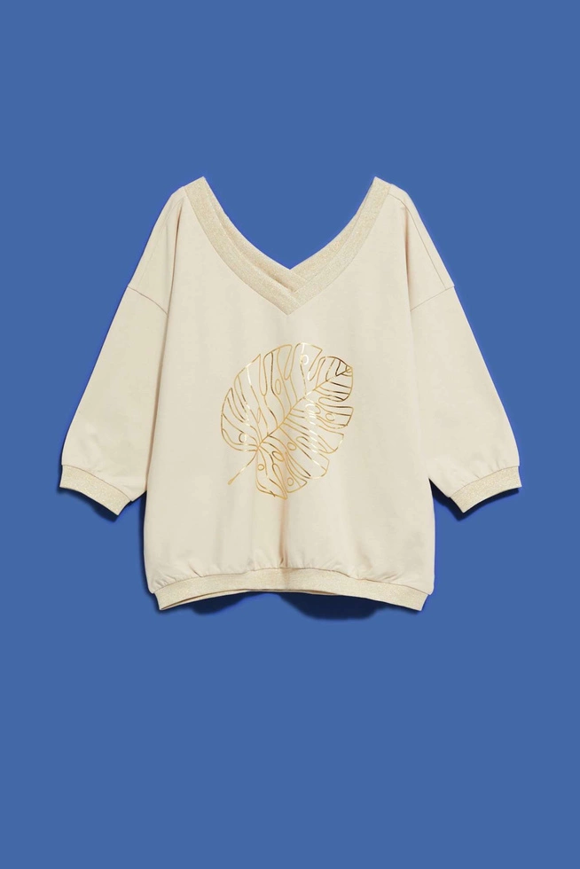 Bluza z dekoltem w serek i nadrukiem piaskowa