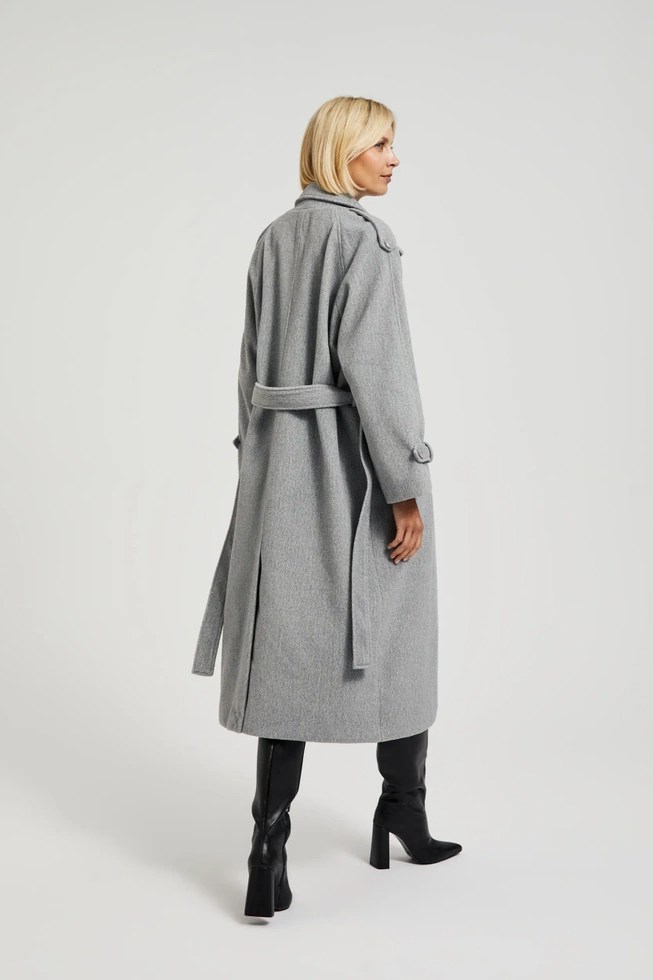 Płaszcz oversize z paskiem szary