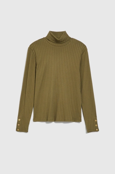 Prążkowany golf z ozdobnymi guzikami na rękawach oliwkowy