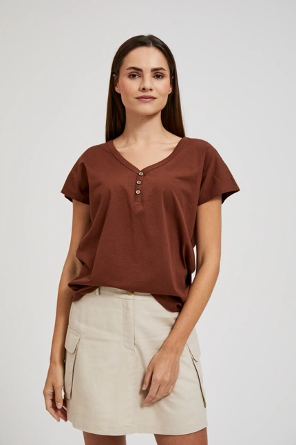 Bluzka z guzikami na dekolcie brązowa