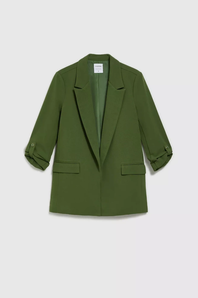 Marynarka damska z marszczonymi rękawami 3/4 i kieszeniami khaki