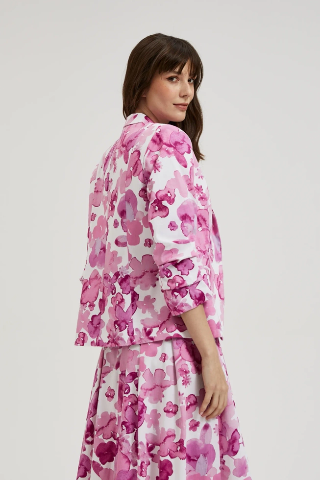 Marynarka z marszczonymi rękawami w kwiaty różowa