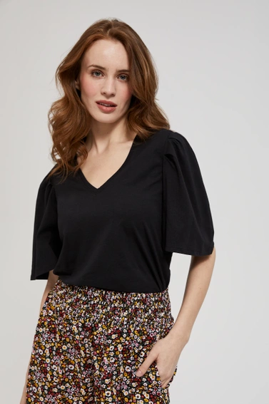 Bluzka z dekoltem w serek i z szerokimi bufiastymi rękawami  czarna 