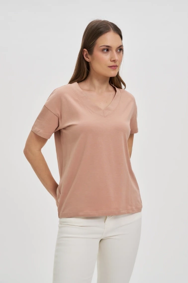 Bawełniany t-shirt z dekoltem w serek beżowy