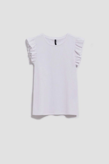 Gładka dopasowana bluzka z falbaną na ramionach biała