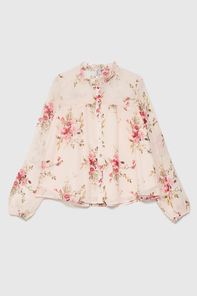 Koszula w kwiaty z falbankami i bufiastymi rękawami różowa