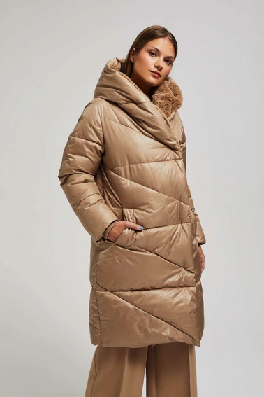 Długa kurtka z kapturem ciemnobeżowa