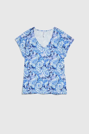 Wzorzysta bluzka z krótkimi rękawami niebieska
