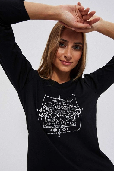 Bluzka z długimi rękawami i metalicznym printem czarna