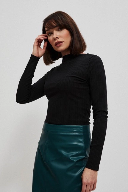 Dopasowana bluzka z prążkowanej dzianiny z długimi rękawami czarna