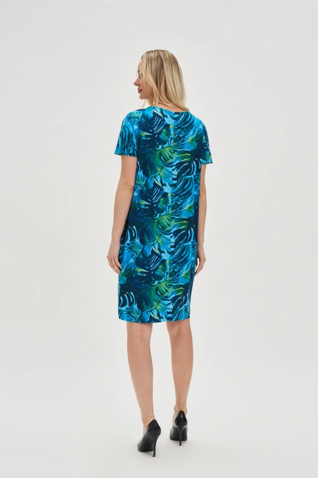 Sukienka z tropikalnym printem niebieska