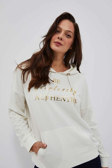 Bluza z kapturem i ozdobnym napisem perłowa