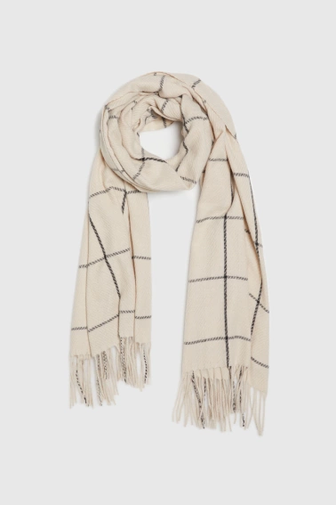 Szal w kratę z frędzlami beżowy